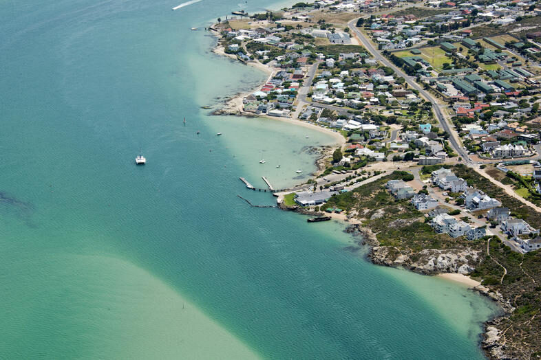 Aerial view of a coastal lagoon town